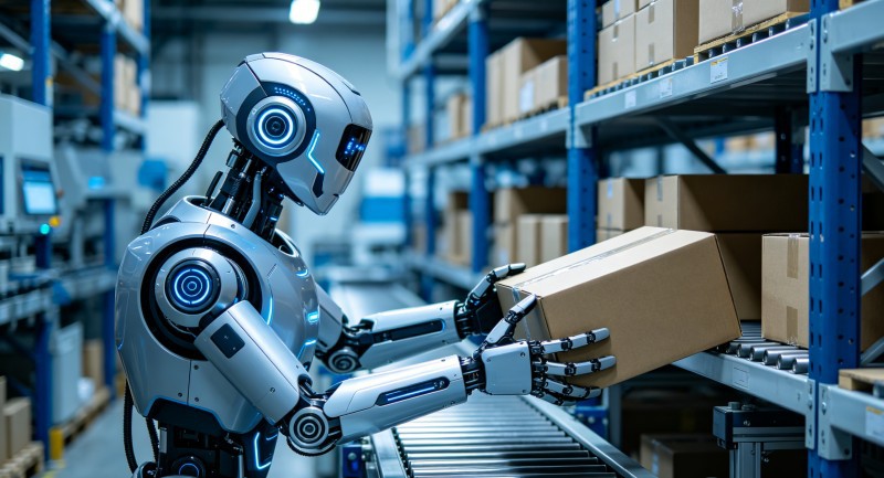 Industrial humanoid robot performing picking tasks in a high-tech warehouse to improve ROI Industrial humanoid robot performing picking tasks in a high-tech warehouse to improve ROI